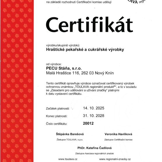 Obhájení certifikátu TOULAVA regionální produkt  pro Hraštické pekařské a cukrářské výrobky